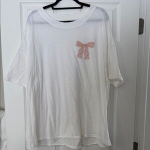 Aerie White Tee with Pink Bow Accent